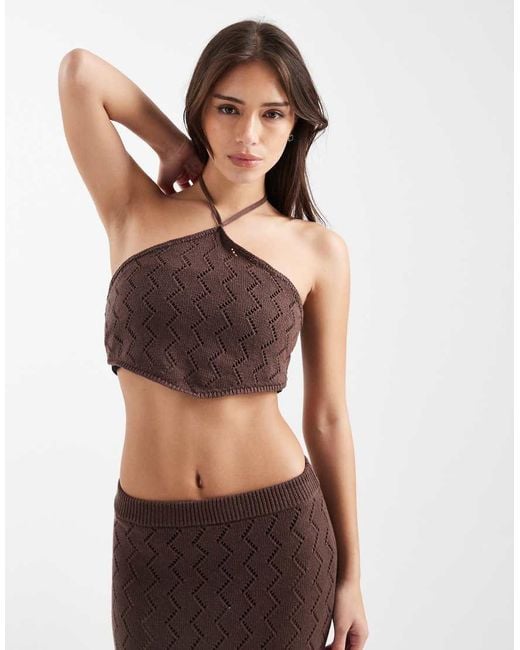4th & Reckless Brown Cotton Rich Zig Zag Knit Halterneck Beach Top Co-ord