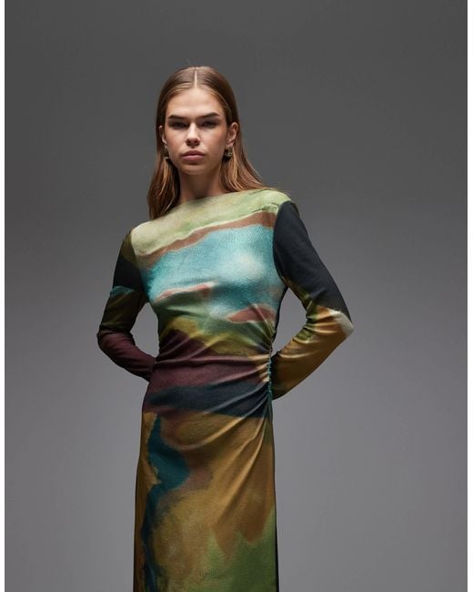 TOPSHOP Gray – langärmliges, mehrfarbiges maxikleid mit abstraktem print