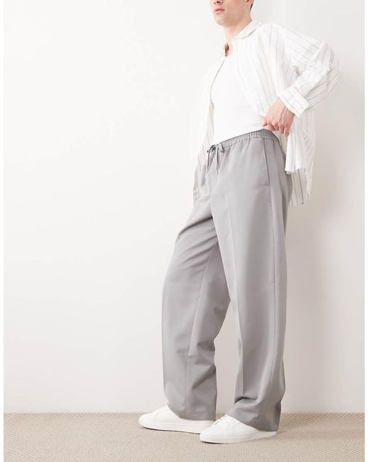 ASOS Gray Tailored Pull On Wide Leg Trousers for men