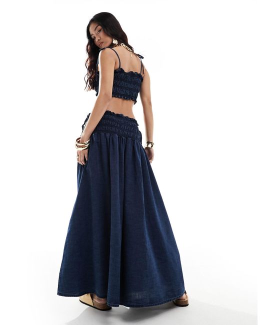 ASOS Blue Soft Denim Maxi Skirt With Ruched Waist