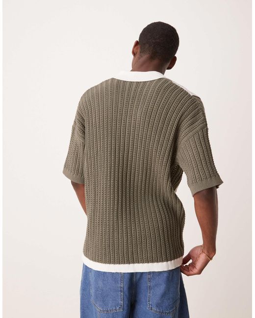 ASOS Natural Relaxed Knitted Revere Neck Button Through Crochet Polo for men