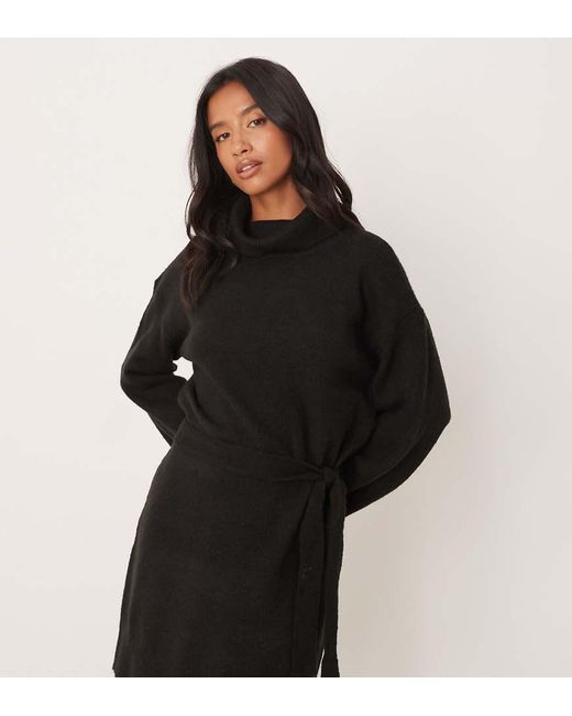 Vila Black Tie Waist High Neck Knitted Mini Dress