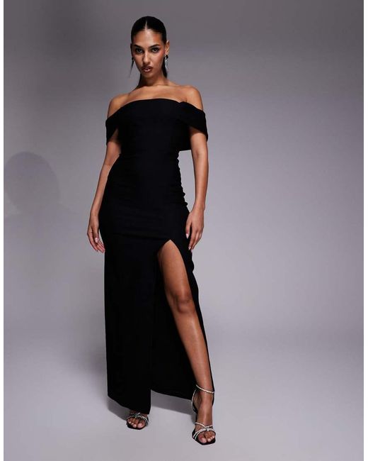 Vesper Blue Bengaline Deep Bardot Bodycon Thigh Split Maxi Dress
