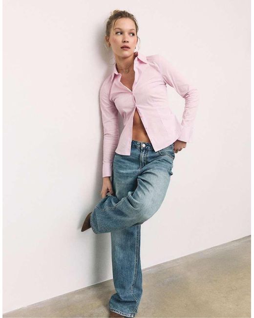 Stradivarius Pink Basic Striped Fitted Shirt