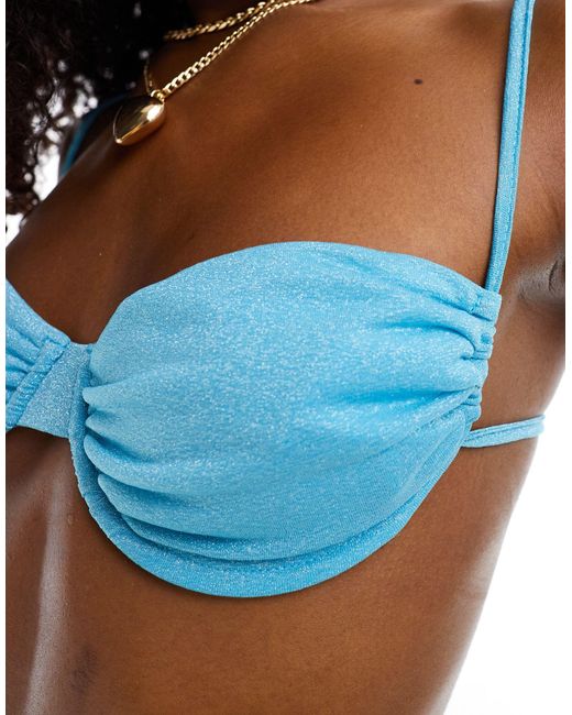 Missy Empire Blue Exclusive Glitter Ruched Cup Bikini Top Co-ord