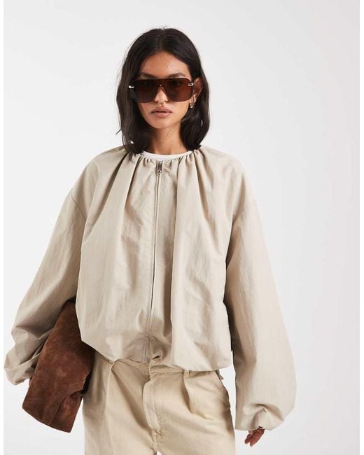 ASOS Natural Cropped Bubble Hem Nylon Bomber Jacket