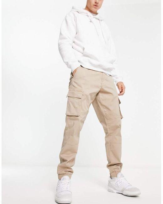 Only & Sons White Tapered Fit Cuffed Cargo Trousers for men