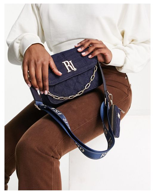 River Island Quilted Denim Double Cross Body Bag in Blue | Lyst