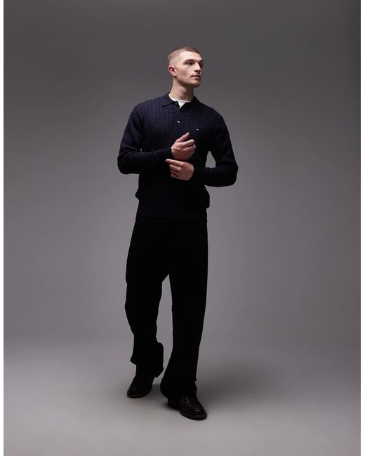 Tommy Hilfiger Blue Cable Knit Long Sleeve Polo Shirt for men