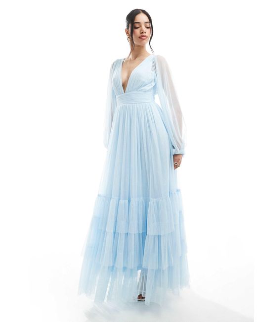LACE & BEADS Bridesmaid Madison Long Sleeve Maxi Dress in Blue | Lyst