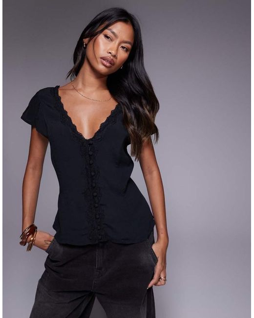 River Island Blue Puff Sleeve Lace Trim Top