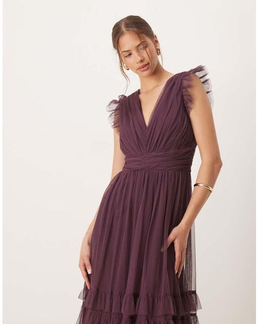ANAYA Purple Flutter Sleeve Ruffle Maxi Dress
