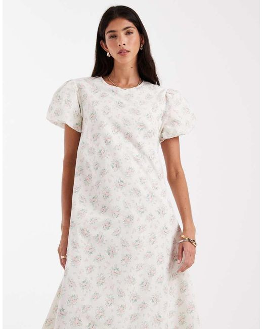Daisy Street Natural Chuck On Smock Midi Dress With Puff Sleeves