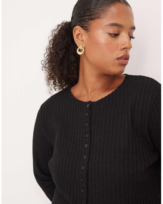 ASOS Black Asos Design Curve Textured Button Through Long Sleeve Top