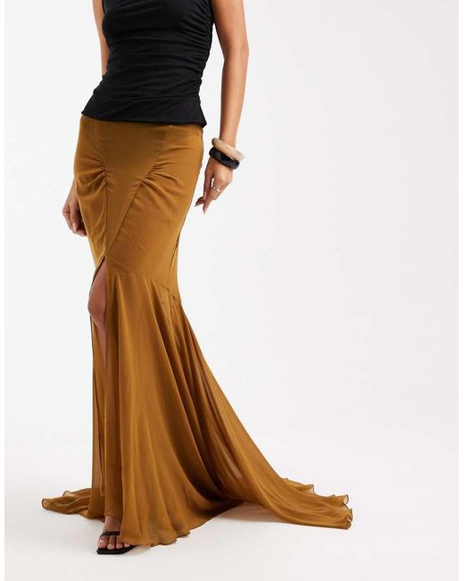 ASOS Brown Chiffon Maxi Skirt With Train