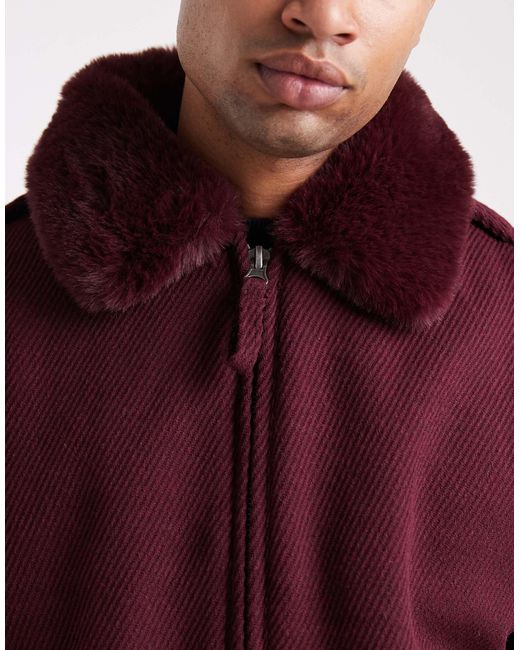 ASOS Red Wool Look Bomber Jacket With Faux Fur Collar for men