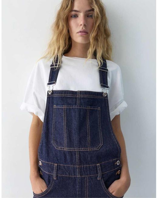 Pull&Bear Blue Long Denim Dungarees