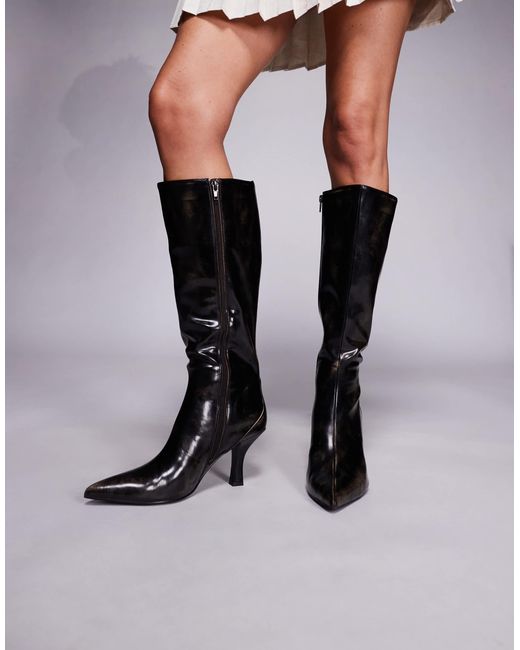 Public Desire Black Levitate Pointed Toe Knee Boots With Vintage Heels