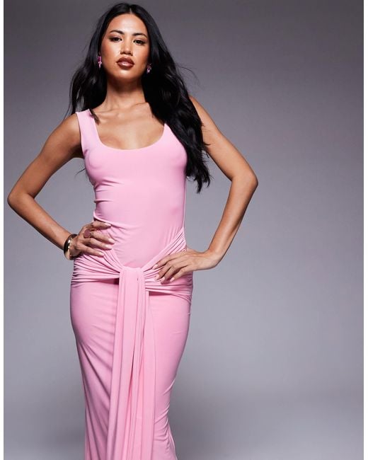 Kaiia Pink Exclusive Double Layered Slinky Scoop Neck Tie Front Drape Detail Maxi Dress