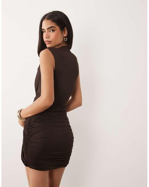 ASOS Natural Plunge Draped Mesh Mini Dress With Knot Detail