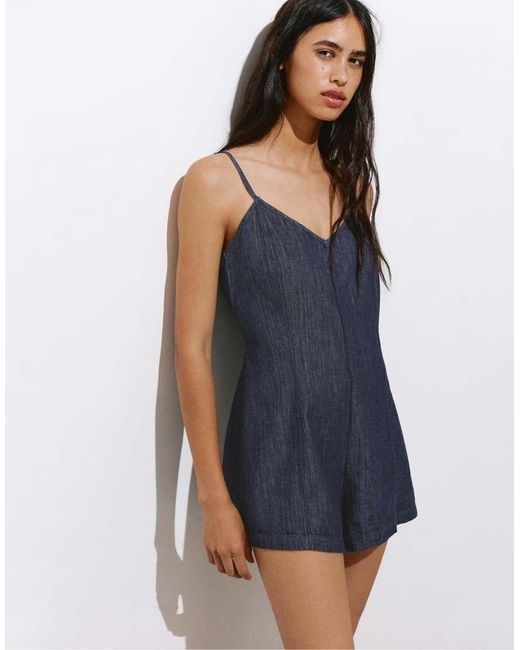 Pull&Bear Blue Denim Playsuit With Straps