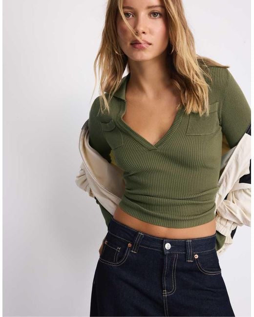 Stradivarius Blue Polo Collar Knit Jumper With Pockets