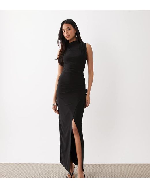 Kaiia Black Exclusive Double Layered Slinky High Neck Ruched Side Detail Maxi Dress