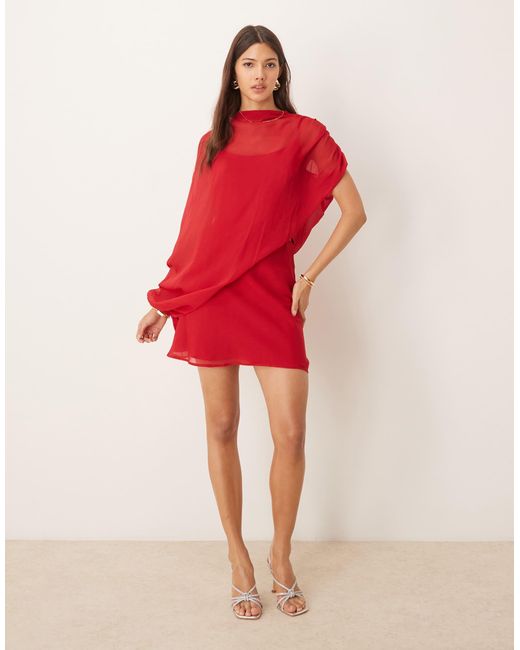 ASOS High Neck Draped Asymmetric Mini Dress With Cut Out in Red | Lyst