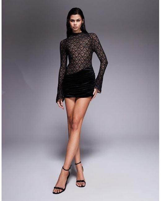 Ruched & Ready Black Semi Sheer Lace & Velvet High Neck Asymmetric Waist Detail Mini Dress