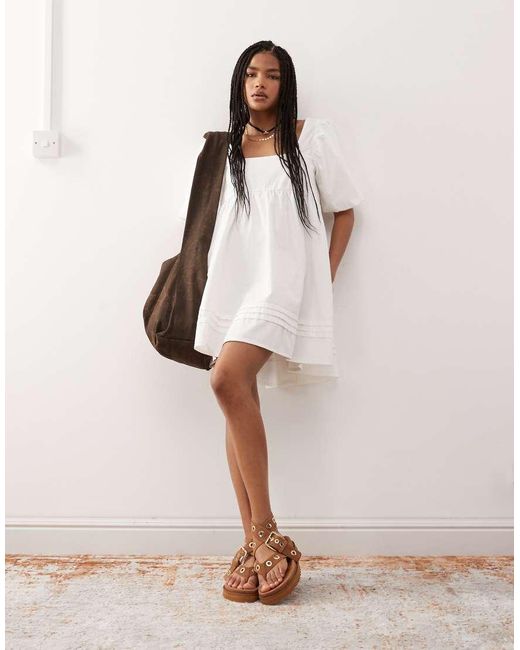 Reclaimed Vintage White Soft Denim Twill Smock Babydoll Mini Dress With Pintuck Details