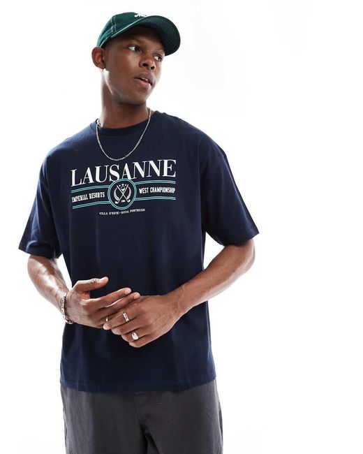 Camiseta Azul Marino Extragrande Con Gráfico Deportivo De ASOS de hombre de color Blue
