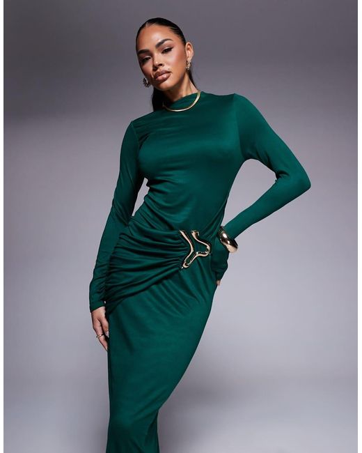 ASOS Midi-Jurk Met Hoogsluitende Rechte Hals En Gouden Hardware-Accent in het Green