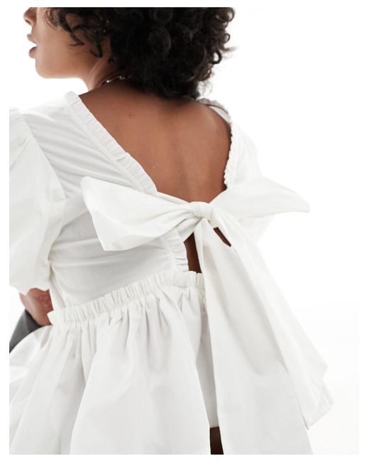 Monki White Milkmaid Blouse With Frill Neckline And Back Bow Detail
