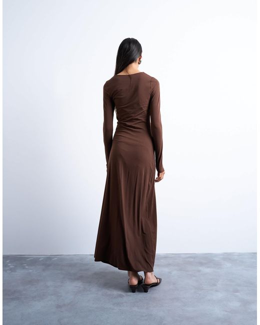 TOPSHOP Brown Long Sleeve Ruched Maxi Dress