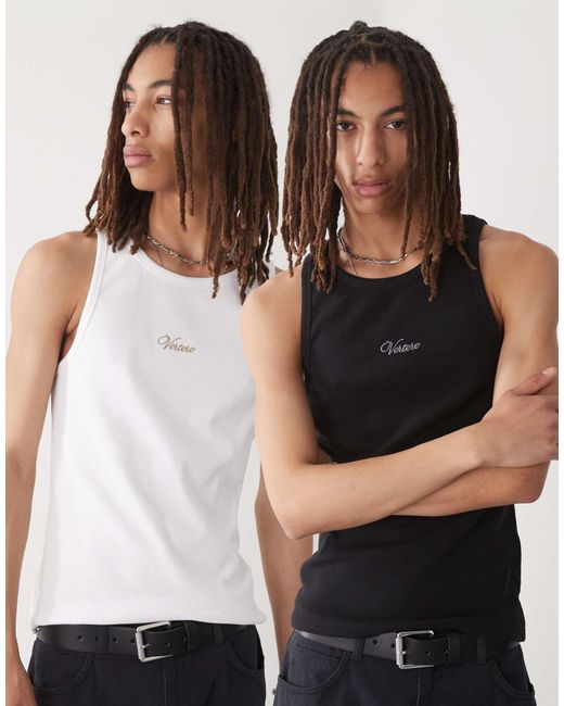 Vertere Berlin Black 2 Pack Script Logo Ribbed Fitted Singlets for men
