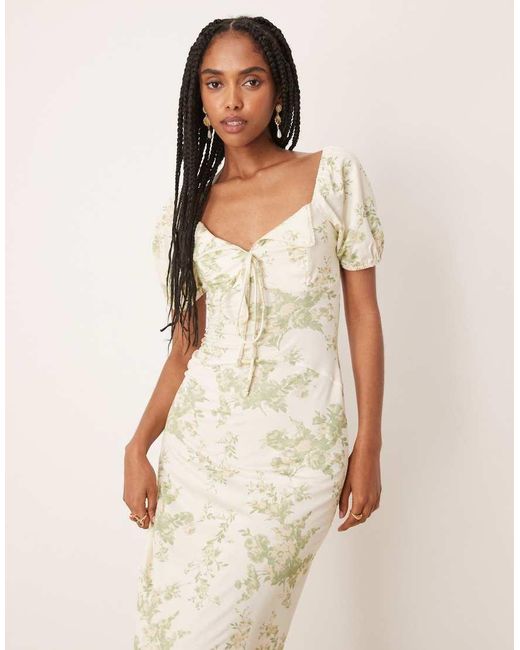 ASOS Natural Scalloped Collar Puff Sleeve Seam Detail Midi Tea Dress
