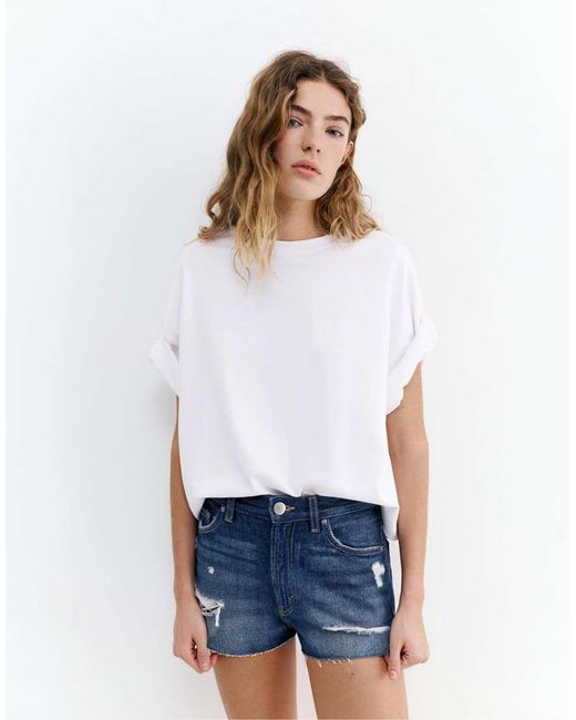Pull&Bear Blue Mom Fit Ripped Denim Shorts