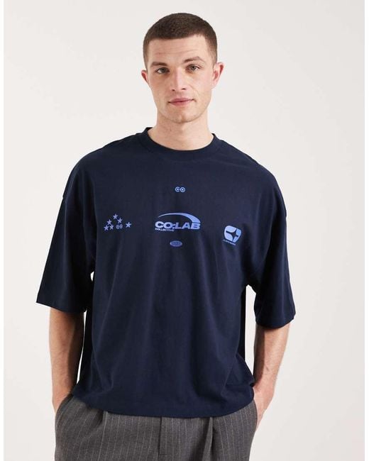 ASOS Blue Boxy Oversized T-shirt With Street Text Graphics for men