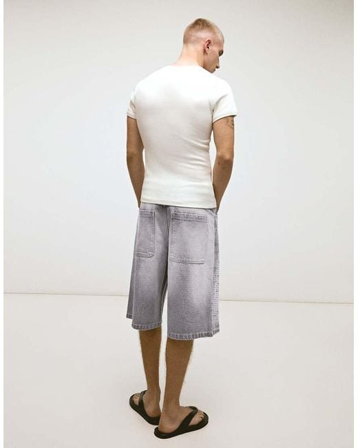Bershka Gray baggy Bermuda Shorts With Studs for men