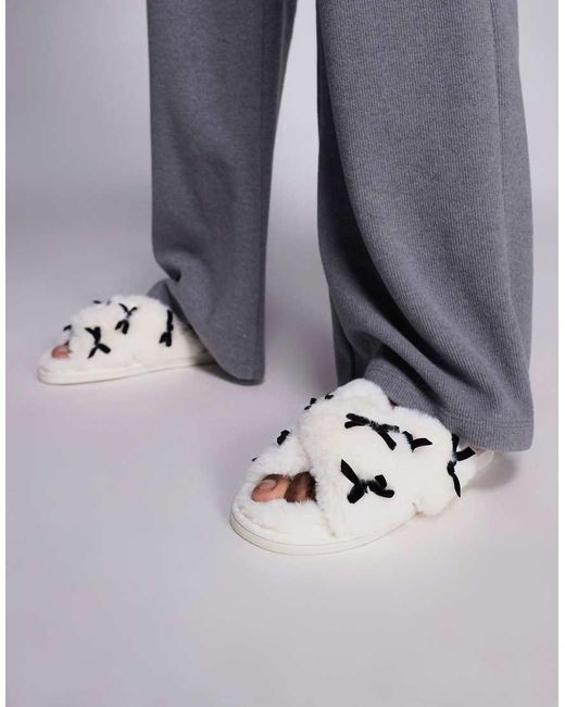 River Island Metallic Plush Cross Strap Slippers With Bows