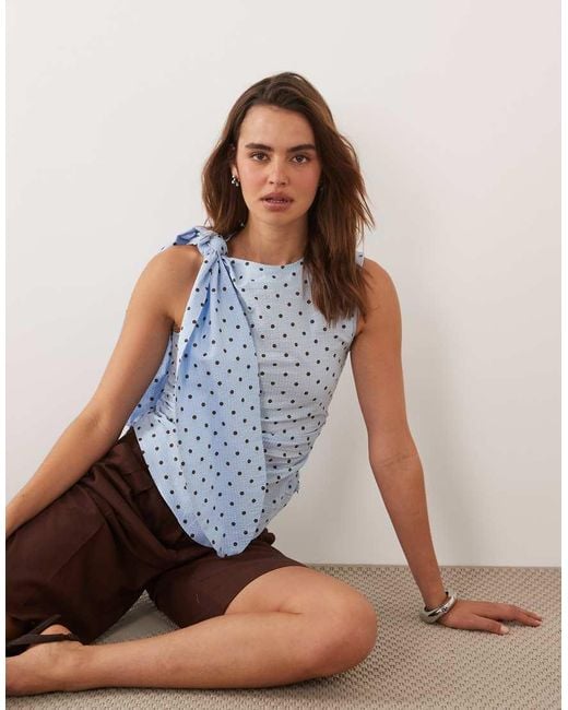 Ghospell Blue Ghopspell Cotton Seerksucker Tie Detail Sleeveless Top