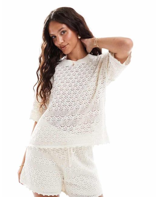 Maglietta Squadrata All'Uncinetto Color Betulla Crema di Vero Moda in White