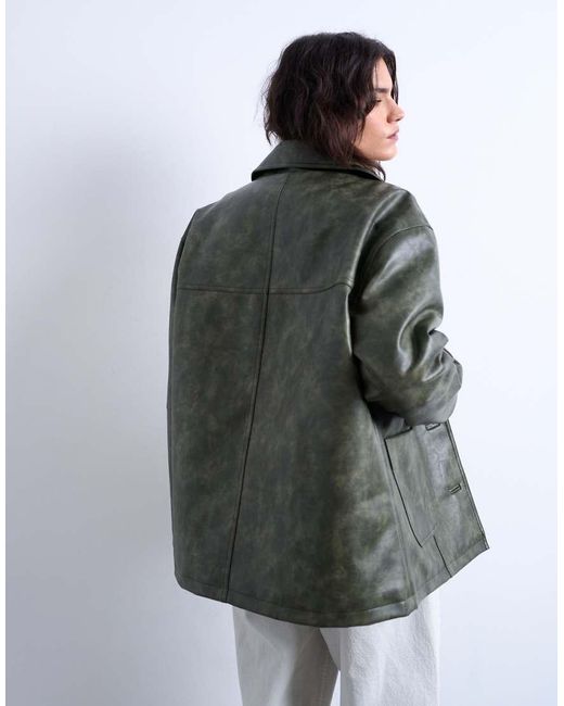 TOPSHOP Gray Faux Leather Collar Button Up Padded Shacket