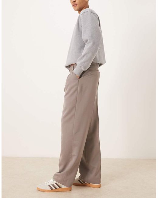 ASOS Natural Smart Pleated Wide Leg Trousers And Belt Detail for men