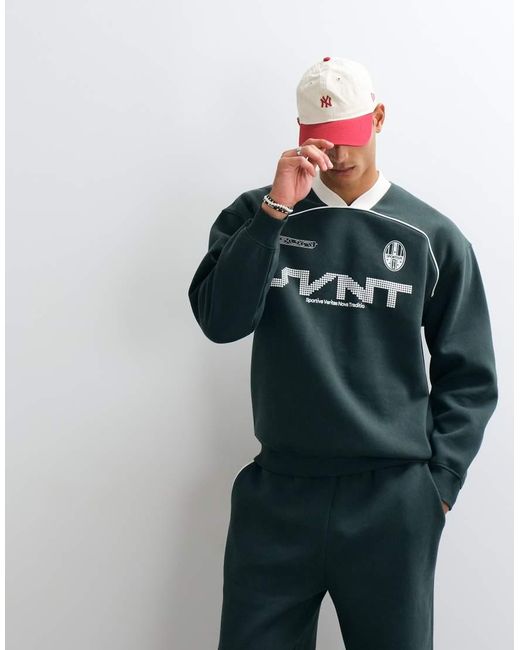 ASOS Green Oversized Ribbed V Neck With Piping And Puff Print for men