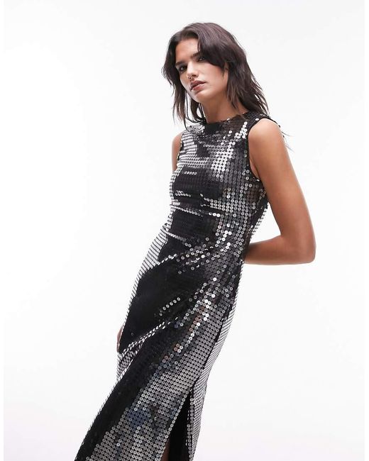 TOPSHOP Gray Disco Sequin Midi Dress