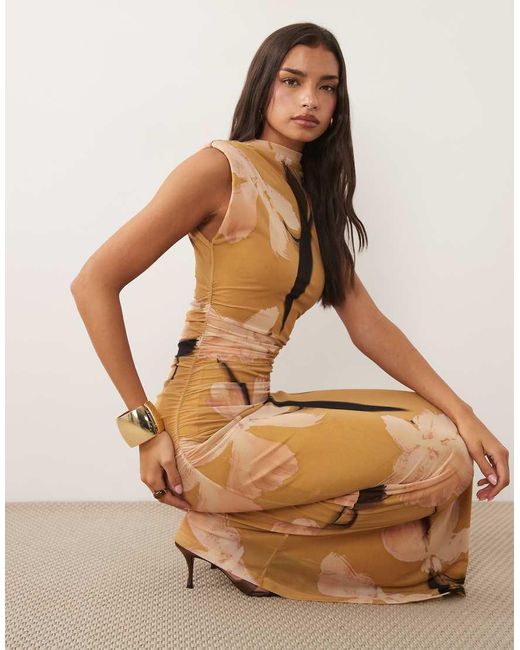 ASOS Natural Printed High Neck Detail Maxi Dress With Shoulder Pads
