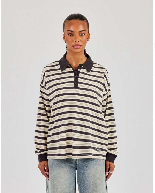 CERNUCCI Gray Oversized Textured Stripe Polo Top