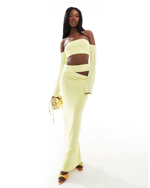 ASOS Metallic Long Sleeve Bardot Maxi Dress With Side Cut Out Detail