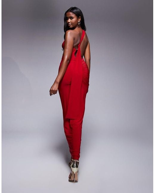 Kaiia Red Exclusive Double Laye Slinky One Shoulder Knot Gold Hardware Back Detail Maxi Dress